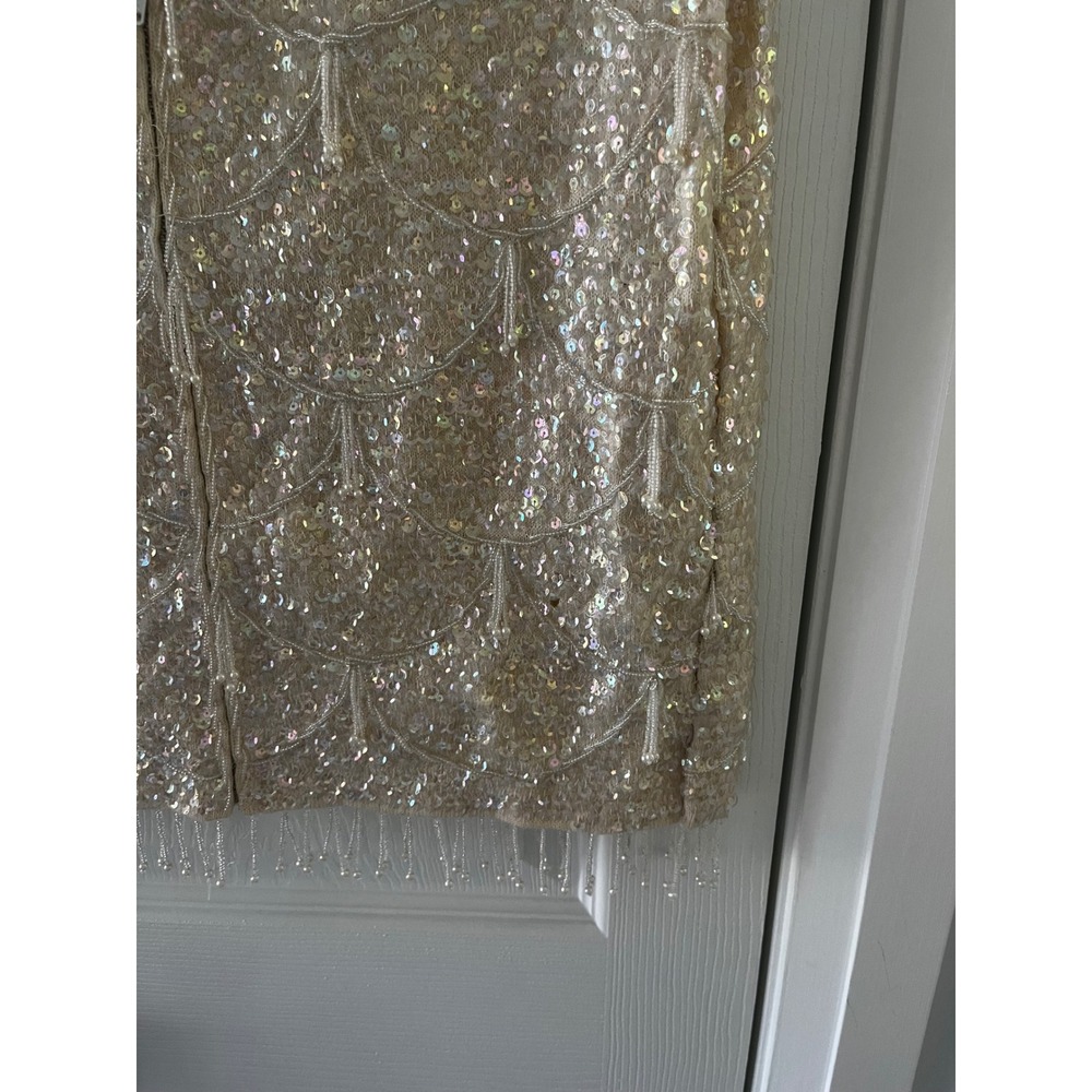 Vintage Wool Sequin Beaded Fringe Shell Top Cream Iridescent Small Flapper - Picture 13 of 14